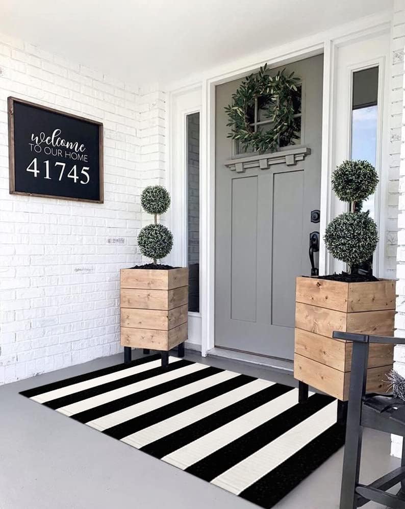 LEEVAN Black and White Striped Door Mat 2'x4' Washable Front Porch Rug Cotton Woven Reversible Rugs Farmhouse Black Outdoor Rug Indoor/Outdoor Welcome Doormat White Entryway Throw Rugs - Image 3